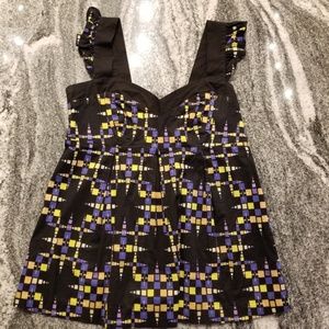 (M) MINKPINK Geometric Print Ruffle Shoulder Empire Waist Bustier Top